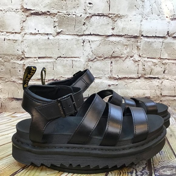 Dr. Martens Shoes - Dr. Doc Martens Women's Blaire Black Leather Adjustable Ankle Strap Sandals 9